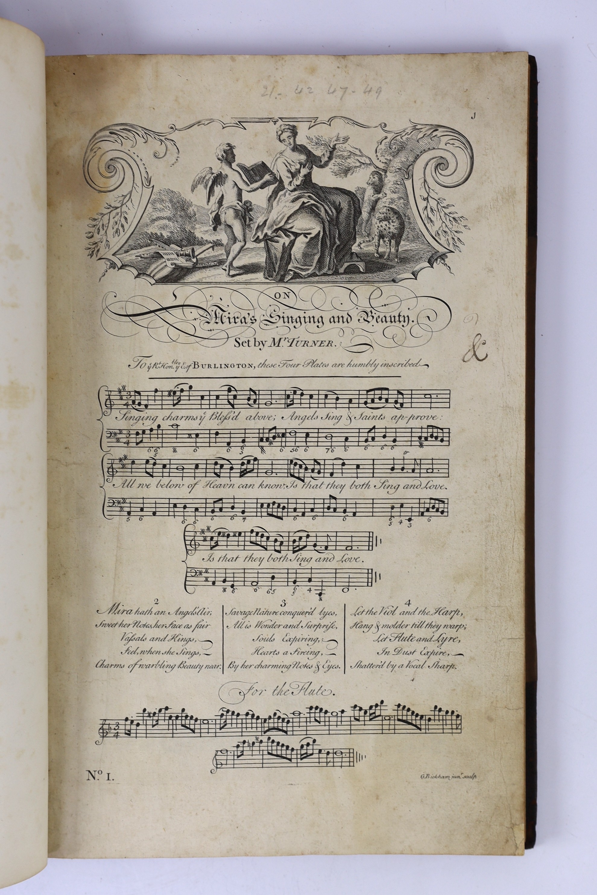(Bickham, George - The Musical Entertainer). vol. 1 (only, of 2), without title and prelims. 99 (ex.100) engraved leaves of songs (words and music) with pictorial and decorative vignette at head of each; rebound 19th cen